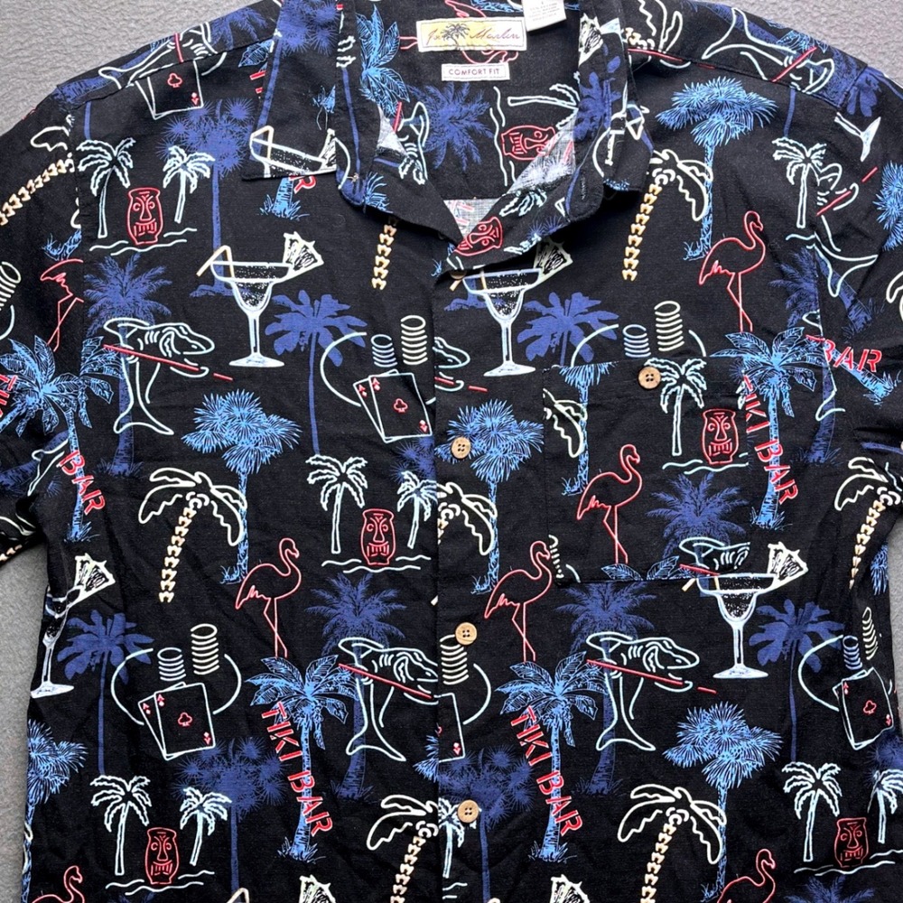 Joe Marlin Men Shirt Cotton Rayon L Black Neon‎ Tiki Bar Flamingo Hawaiian Aloha